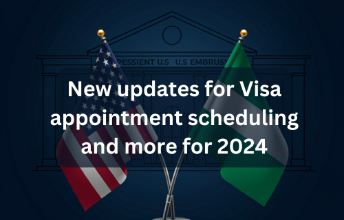 US visa 2024 appointment dates updates on the Nigeria new portal and us flag and embassy on nic blue background